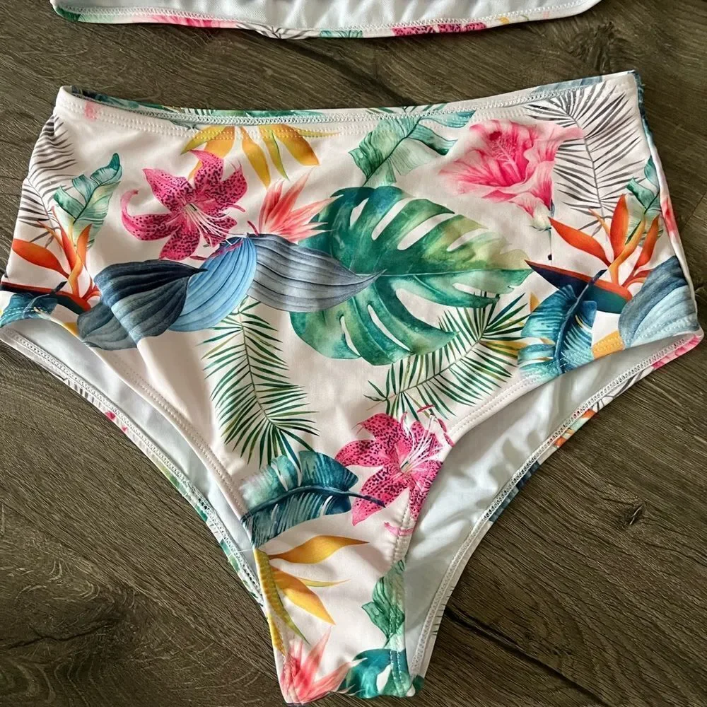Floral  Ruffle Bikinis  Women Tropical Flounce Swimsuit High Waist Swimwear M